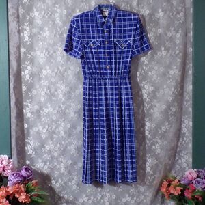Vintage 90s Dress 1990s Blue Plaid Pleated Secretary Coastal Grandma Size Large